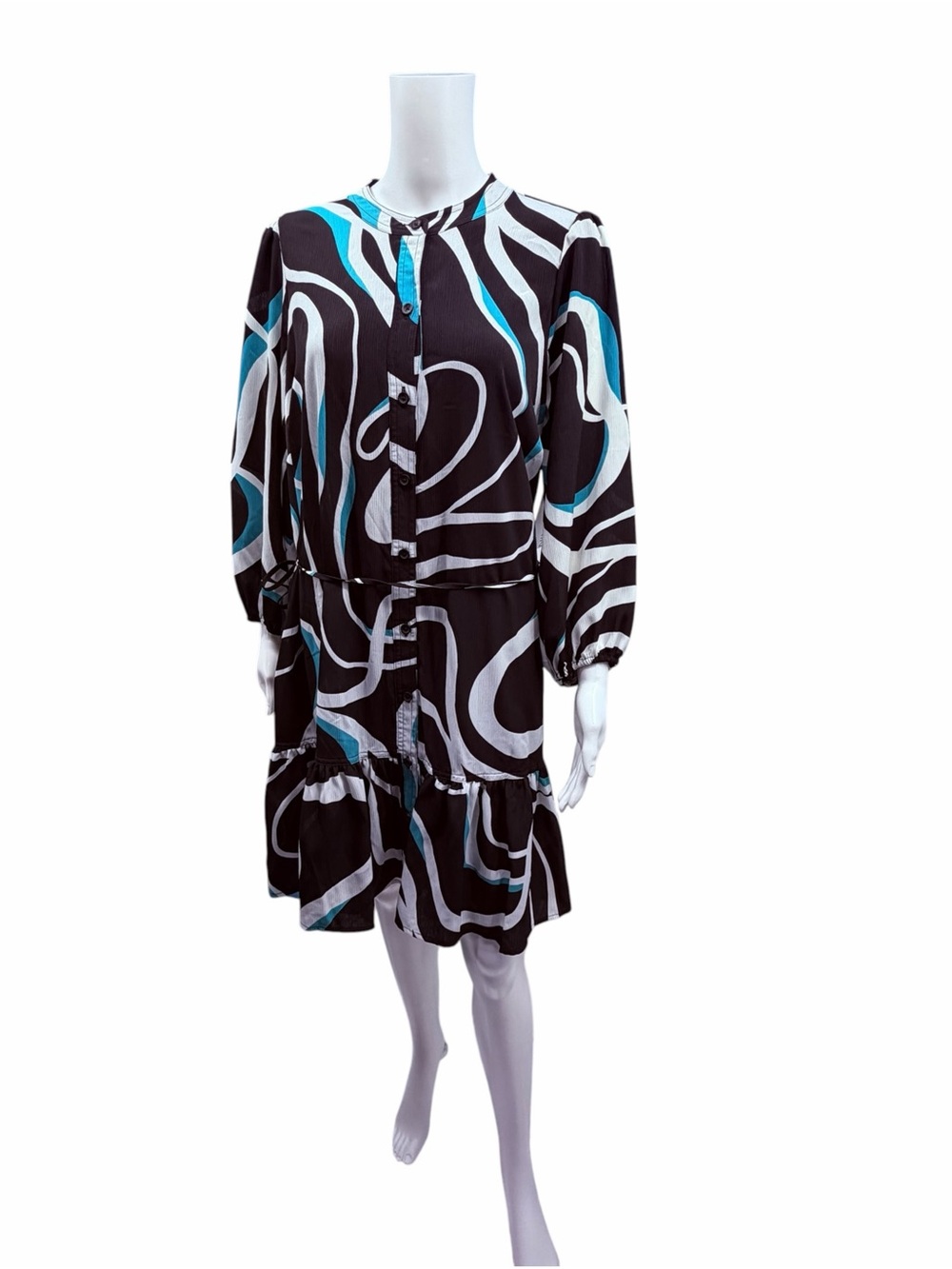 Nine West Button Front Drop Waist Tiered Ruffle Hem Dress - Picture 2 of 9